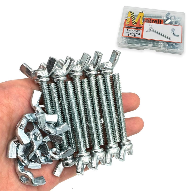 Matrelt 20 Pcs 1/4"-20 x2 Wing Screw Bolts and Wing Nut Kit Butterfly Screws and Nut with Hand Twist Tighten Wing Head Zinc Plated Hardware Fitting Fastenings Assortment Kit - Image 1